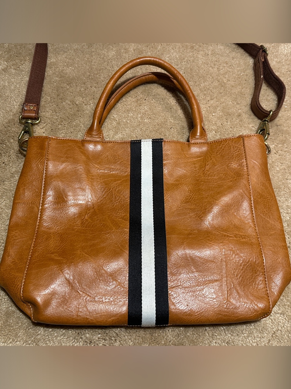 Tan Crossbody Bag with Black & White Center Stripe